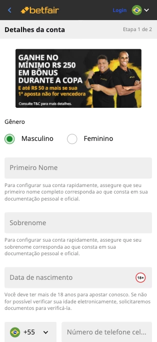 Página de cadastro da Betfair Brasil para inserir dados